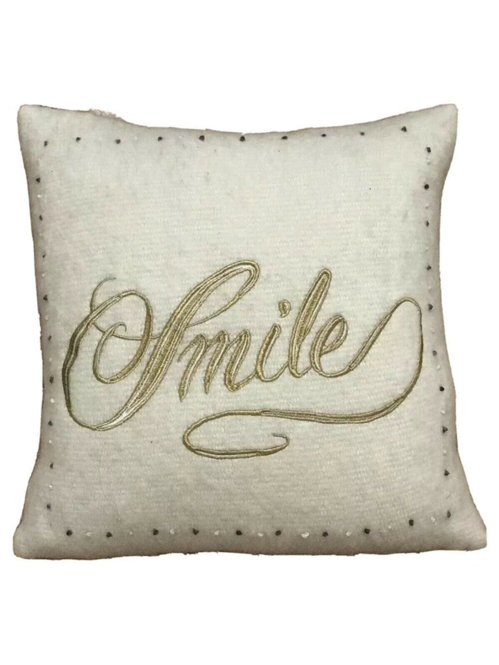 Anthropologie Merry Sentiments SMILE Pillow Cover Cream Gold Green 19x19